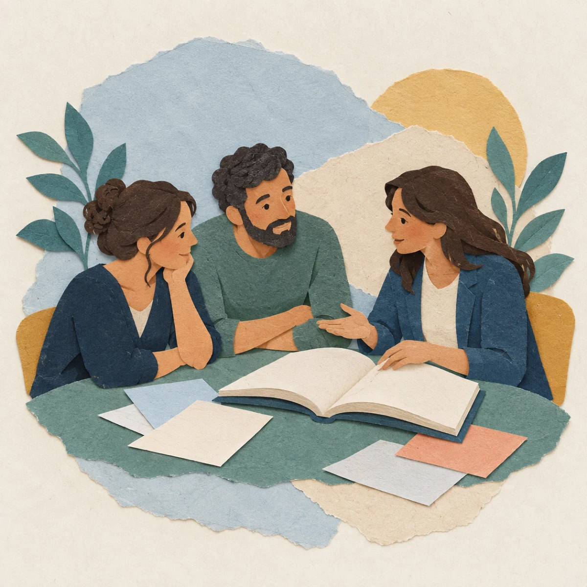 Familiari e una professionista condividono un momento di formazione.