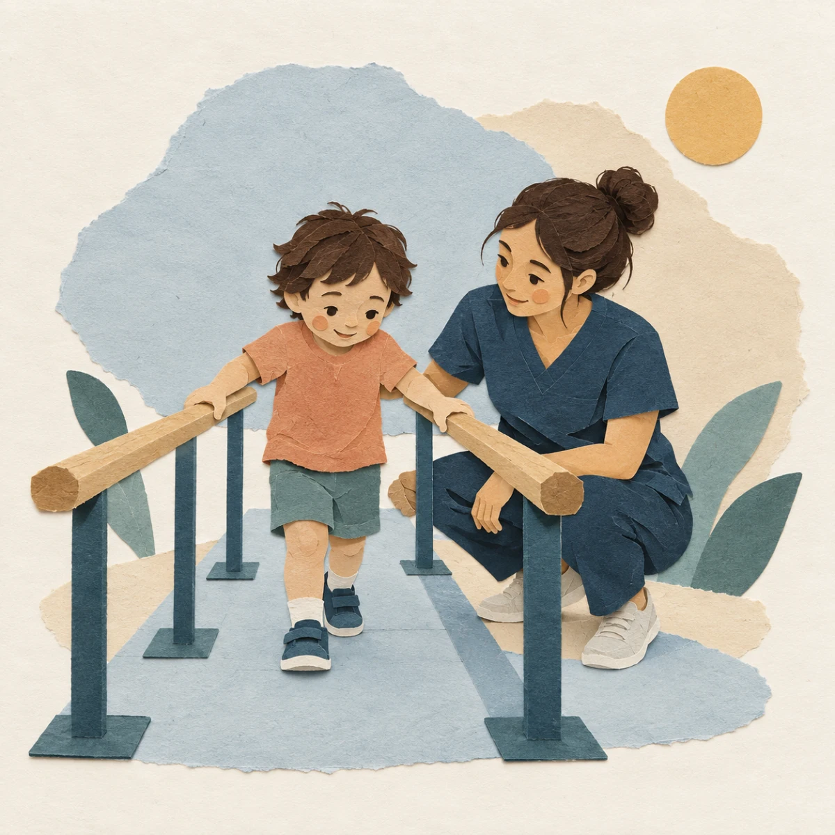 Un bambino si esercita tra le barre parallele con una professionista accanto.
